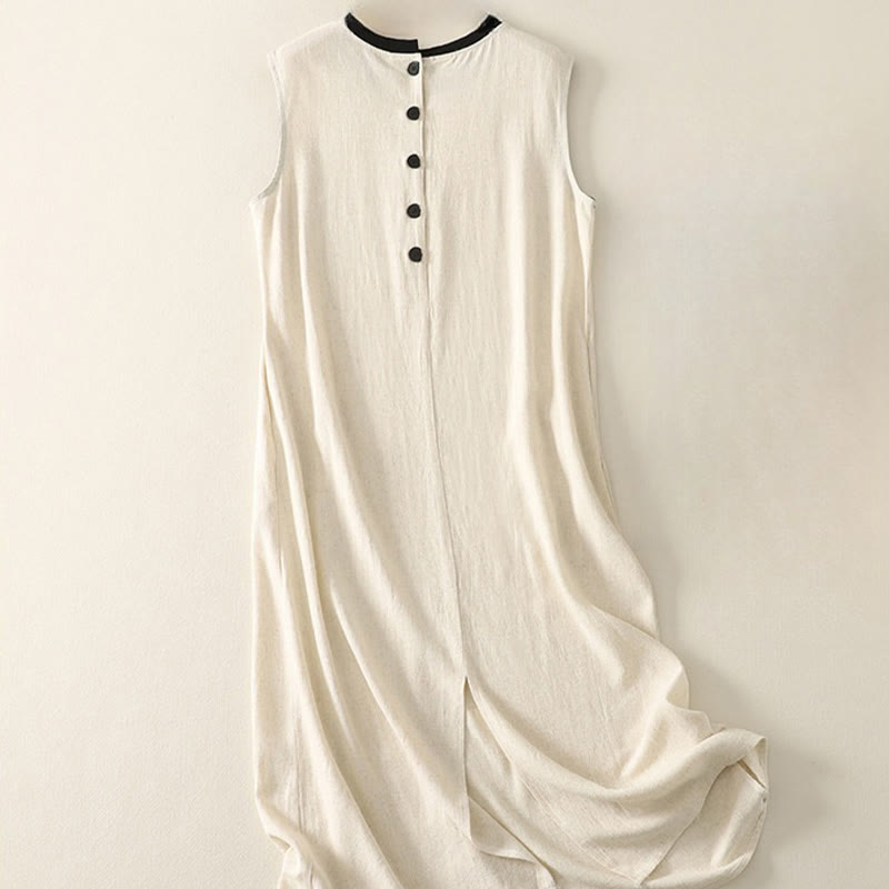 Buddha Stones Casual Stitching Color Handmade Button Design Midi Dress Polyester Sleeveless Dress With Pockets