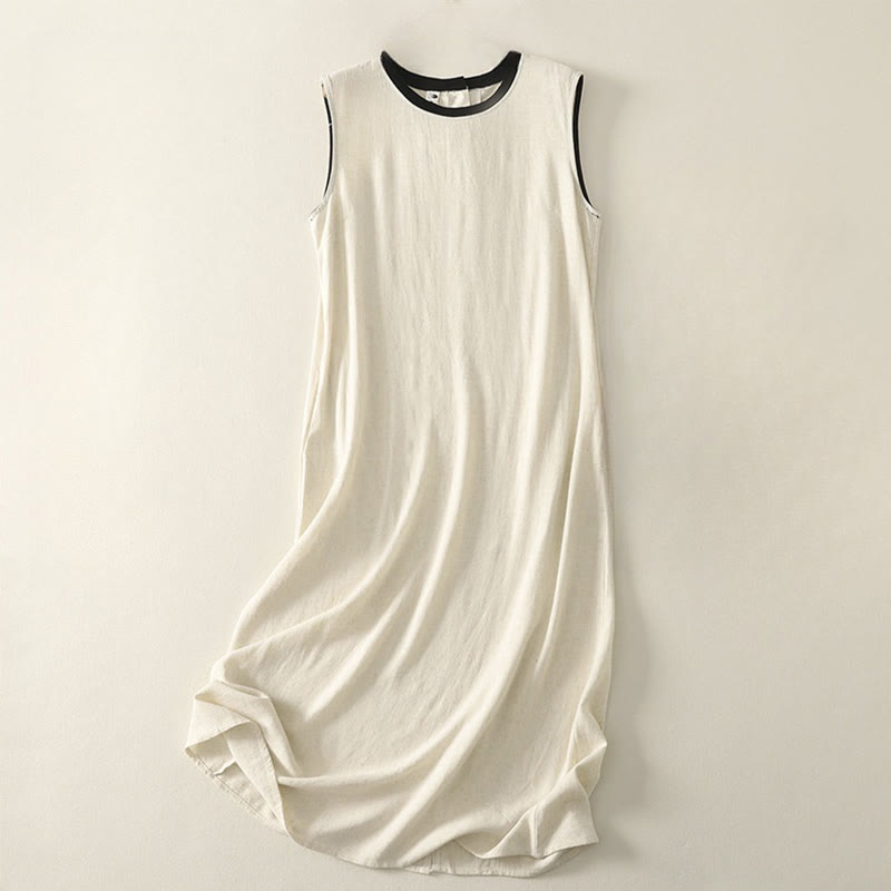 Buddha Stones Casual Stitching Color Handmade Button Design Midi Dress Polyester Sleeveless Dress With Pockets