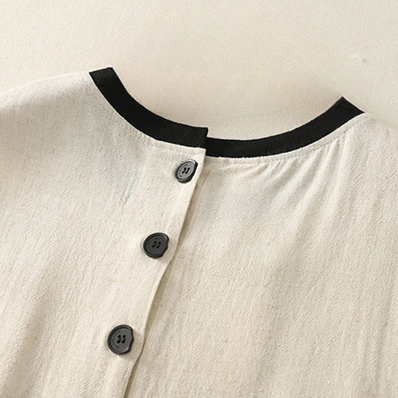 Buddha Stones Casual Stitching Color Handmade Button Design Midi Dress Polyester Sleeveless Dress With Pockets