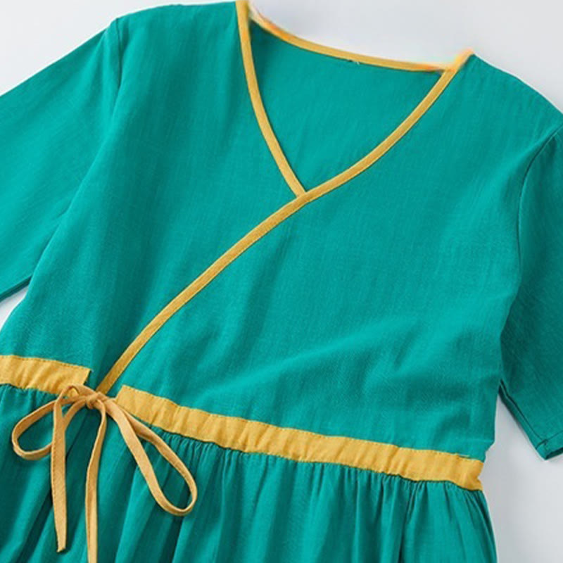 Buddha Stones Summer Casual Stitching Color Lace-up Design V-Neck Short Sleeve Midi Dress