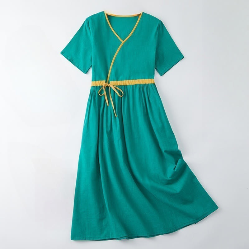 Buddha Stones Summer Casual Stitching Color Lace-up Design V-Neck Short Sleeve Midi Dress
