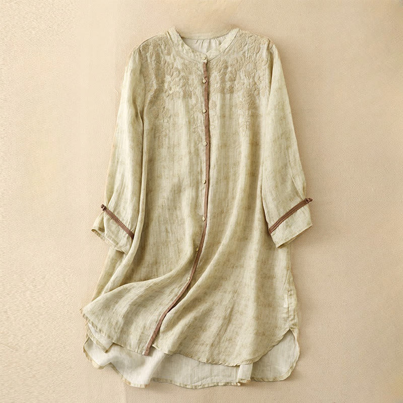 Buddha Stones Summer Casual Embroidered Stand Collar Design Three Quarter Sleeve Acrylic Midi Dress
