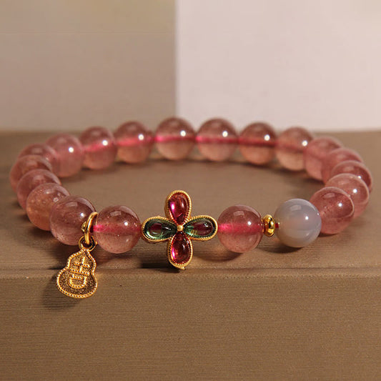 Buddha Stones Strawberry Quartz Four-leaf Clover Lucky Gourd Healing Bracelet