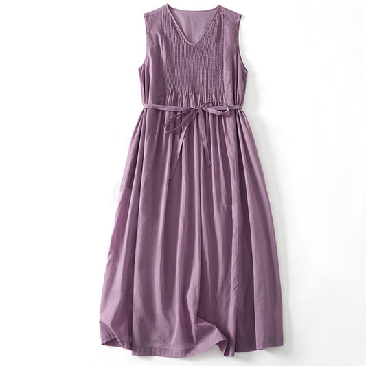 Buddha Stones Solid Color Accordion Design Sleeveless Cotton Midi Dress With Pockets