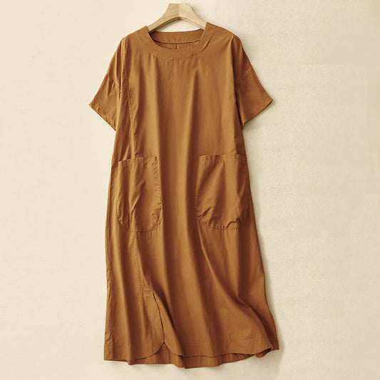 Buddha Stones Summer Plain Crew Neck Simple Short Sleeve Design Midi Dress With Pockets