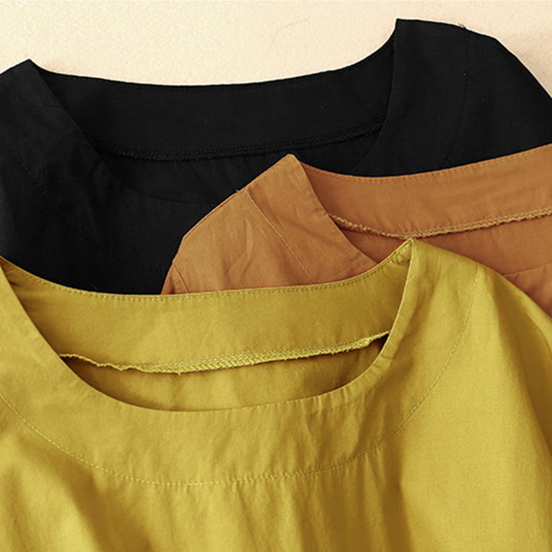 Buddha Stones Summer Plain Crew Neck Simple Short Sleeve Design Midi Dress With Pockets