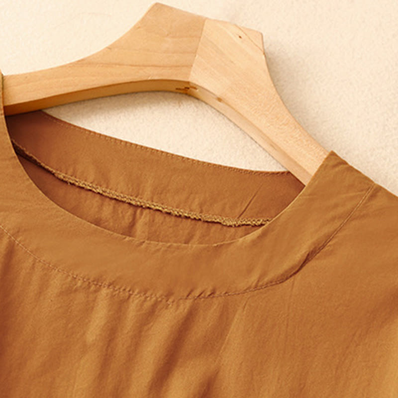 Buddha Stones Summer Plain Crew Neck Simple Short Sleeve Design Midi Dress With Pockets