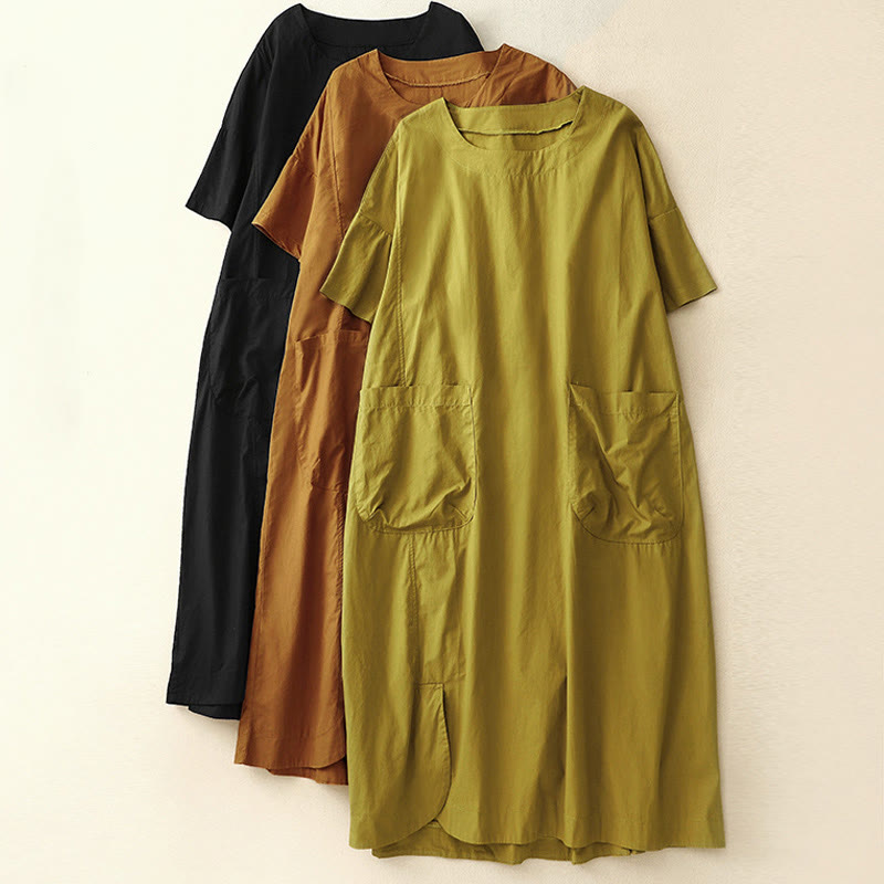 Buddha Stones Summer Plain Crew Neck Simple Short Sleeve Design Midi Dress With Pockets