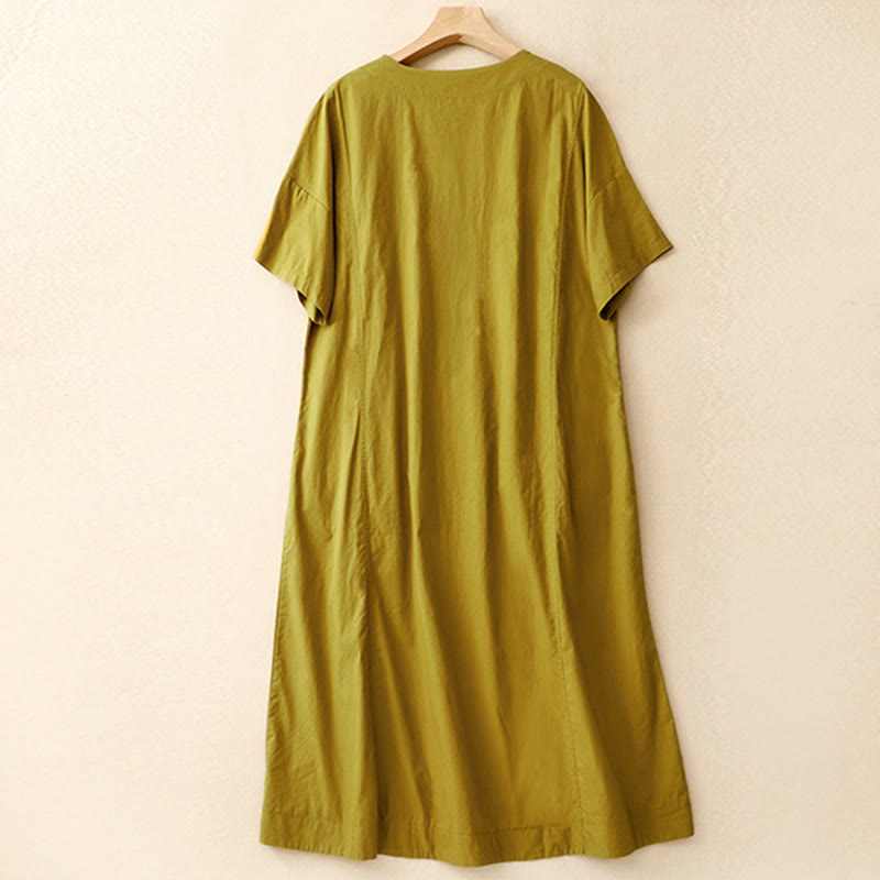 Buddha Stones Summer Plain Crew Neck Simple Short Sleeve Design Midi Dress With Pockets