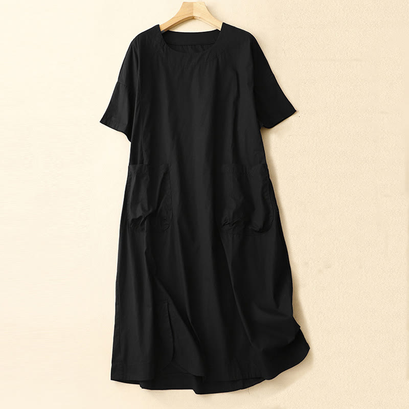 Buddha Stones Summer Plain Crew Neck Simple Short Sleeve Design Midi Dress With Pockets