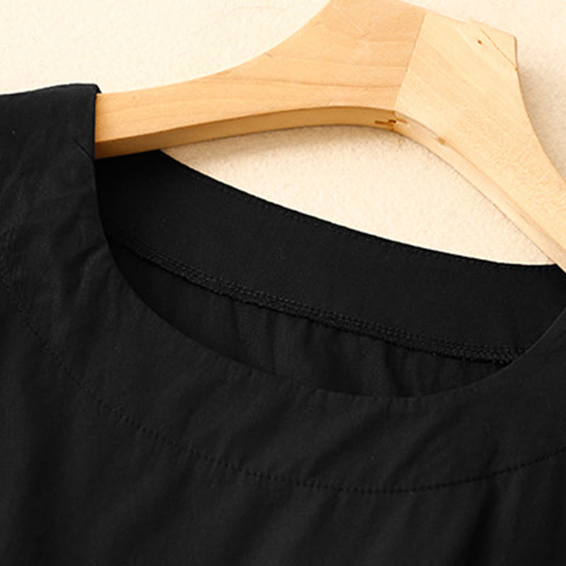 Buddha Stones Summer Plain Crew Neck Simple Short Sleeve Design Midi Dress With Pockets