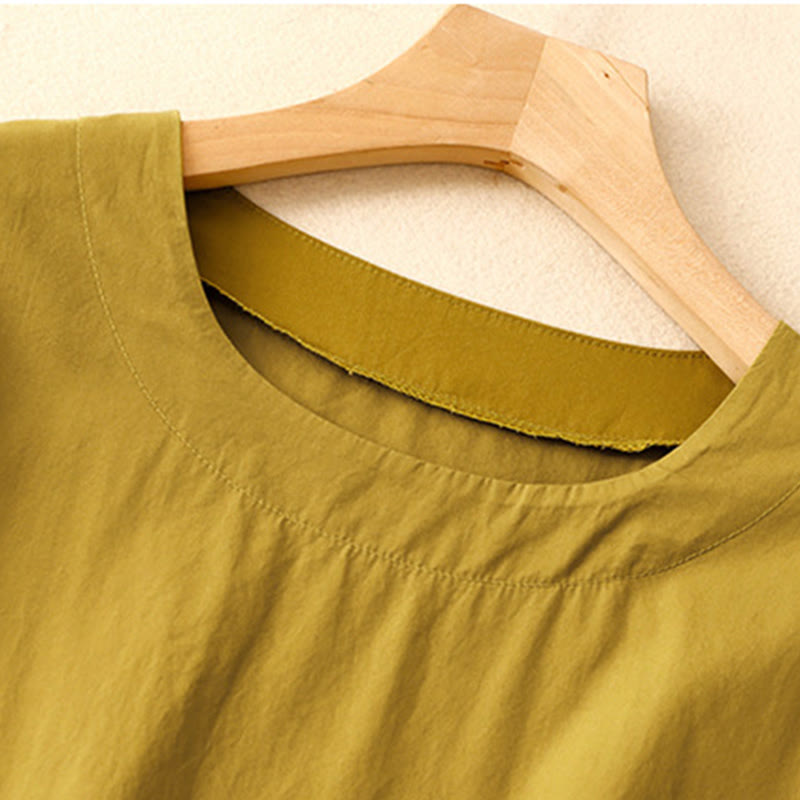Buddha Stones Summer Plain Crew Neck Simple Short Sleeve Design Midi Dress With Pockets