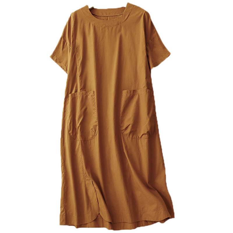 Buddha Stones Summer Plain Crew Neck Simple Short Sleeve Design Midi Dress With Pockets