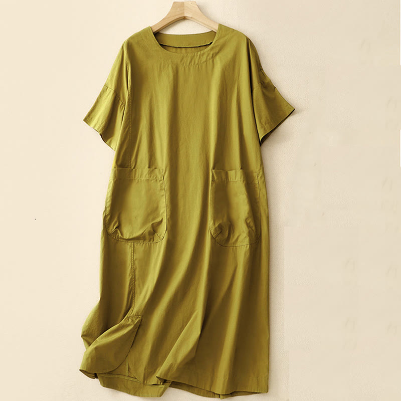 Buddha Stones Summer Plain Crew Neck Simple Short Sleeve Design Midi Dress With Pockets