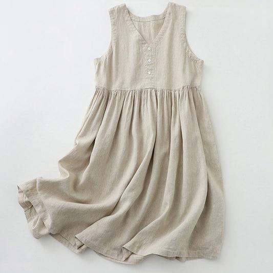 Buddha Stones Daily Casual Pure Color V-Neck Simple Buttons Design Sleeveless Midi Dress
