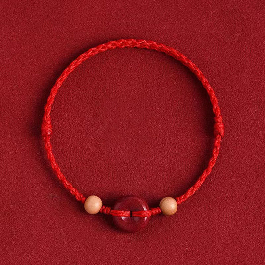 Buddha Stones Peach Wood Peace Buckle Cinnabar Wealth String Bracelet Anklet
