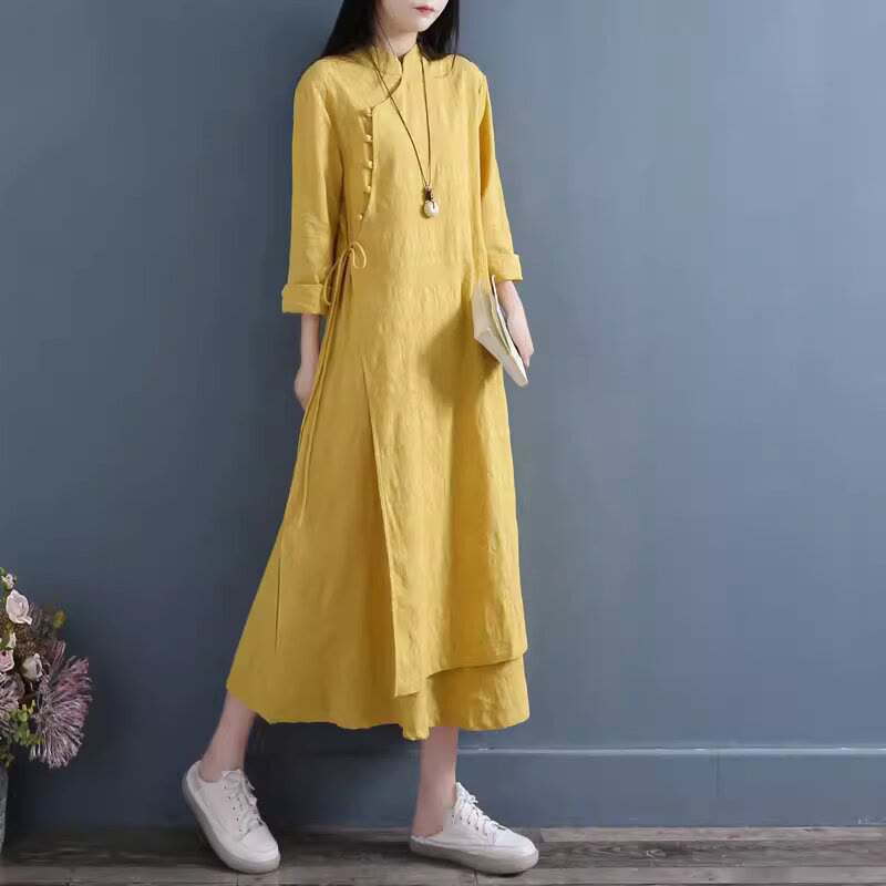 Buddha Stones Spring Casual Plain Frog-Button Design Side Lace-Up Cotton Linen Midi Dress