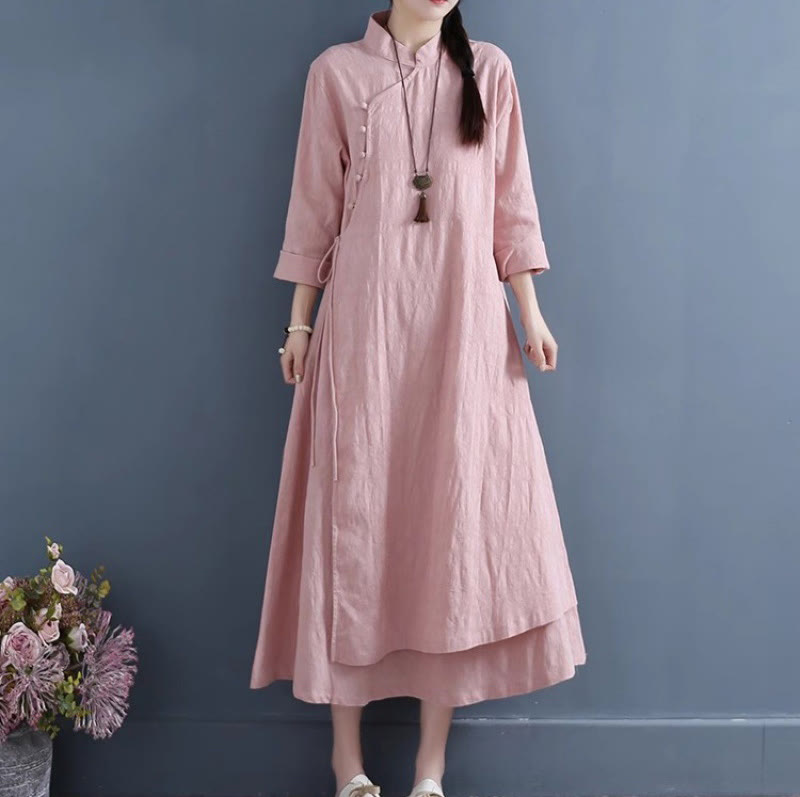 Buddha Stones Spring Casual Plain Frog-Button Design Side Lace-Up Cotton Linen Midi Dress
