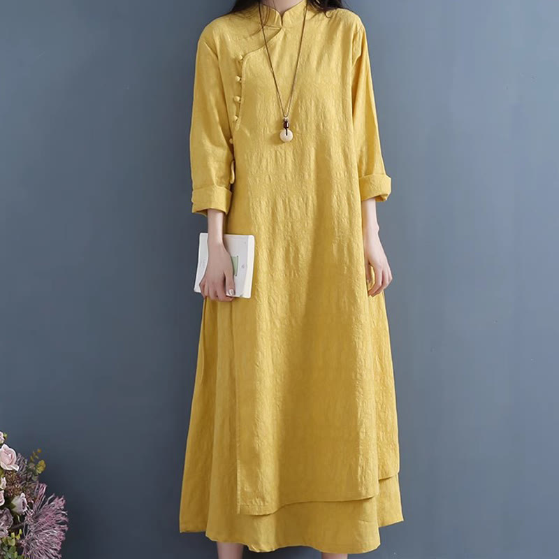 Buddha Stones Spring Casual Plain Frog-Button Design Side Lace-Up Cotton Linen Midi Dress