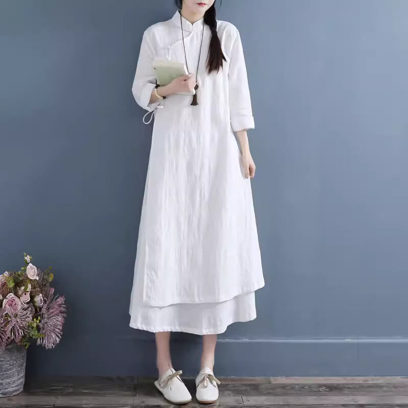 Buddha Stones Spring Casual Plain Frog-Button Design Side Lace-Up Cotton Linen Midi Dress