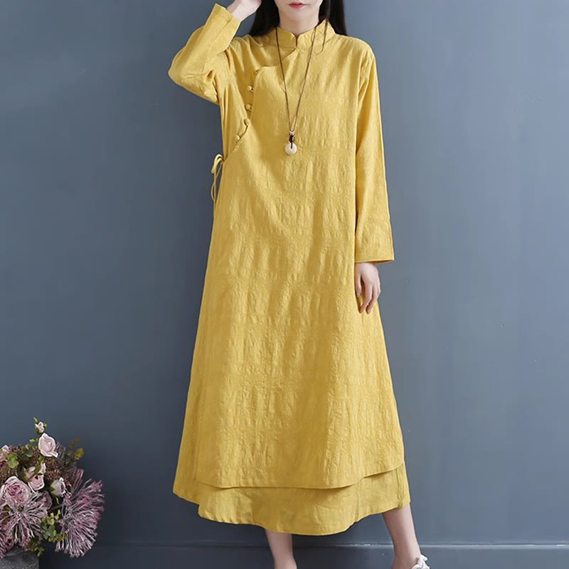 Buddha Stones Spring Casual Plain Frog-Button Design Side Lace-Up Cotton Linen Midi Dress