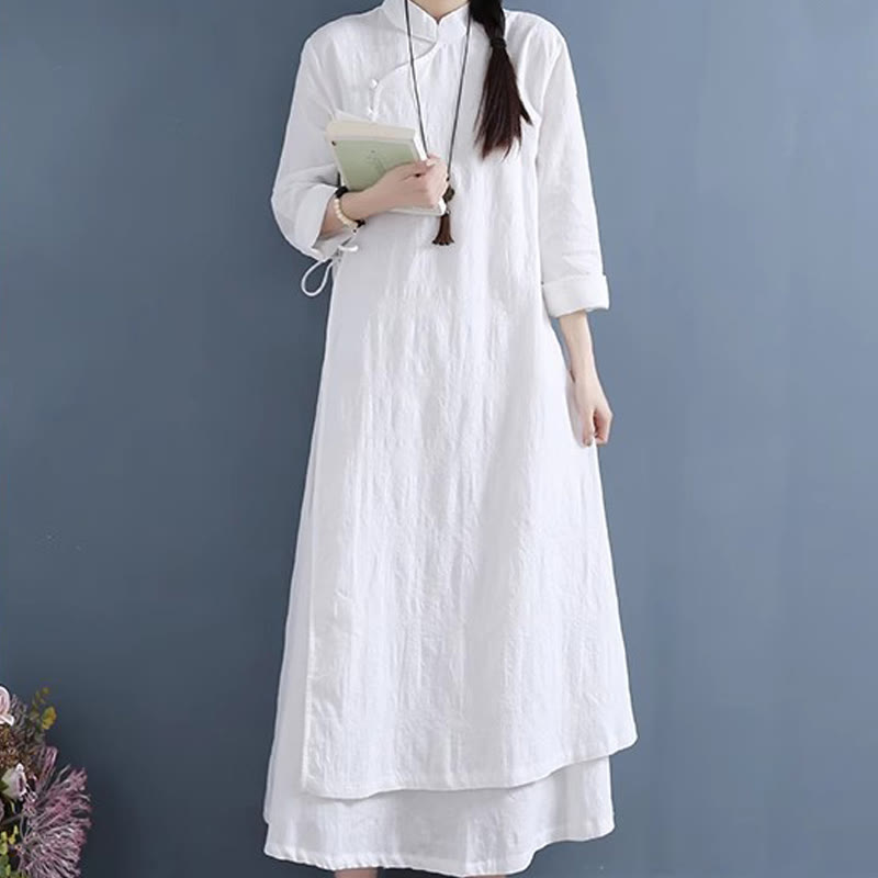 Buddha Stones Spring Casual Plain Frog-Button Design Side Lace-Up Cotton Linen Midi Dress