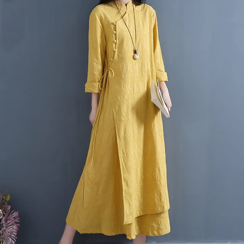 Buddha Stones Spring Casual Plain Frog-Button Design Side Lace-Up Cotton Linen Midi Dress