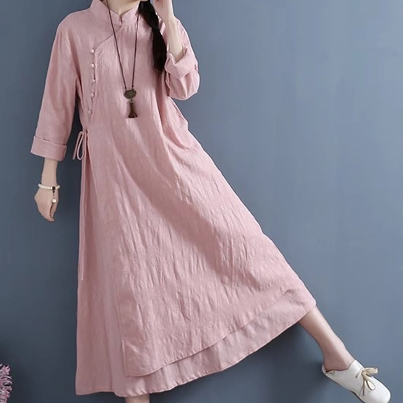 Buddha Stones Spring Casual Plain Frog-Button Design Side Lace-Up Cotton Linen Midi Dress
