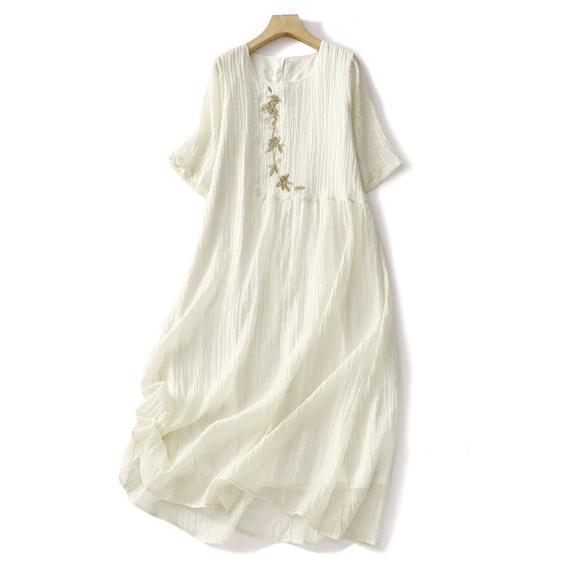 Buddha Stones Summer Casual Plain Embroidery Double Layer Short Sleeve Cotton Linen Midi Dress