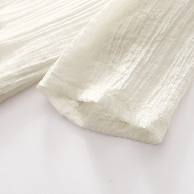 Buddha Stones Summer Casual Plain Embroidery Double Layer Short Sleeve Cotton Linen Midi Dress