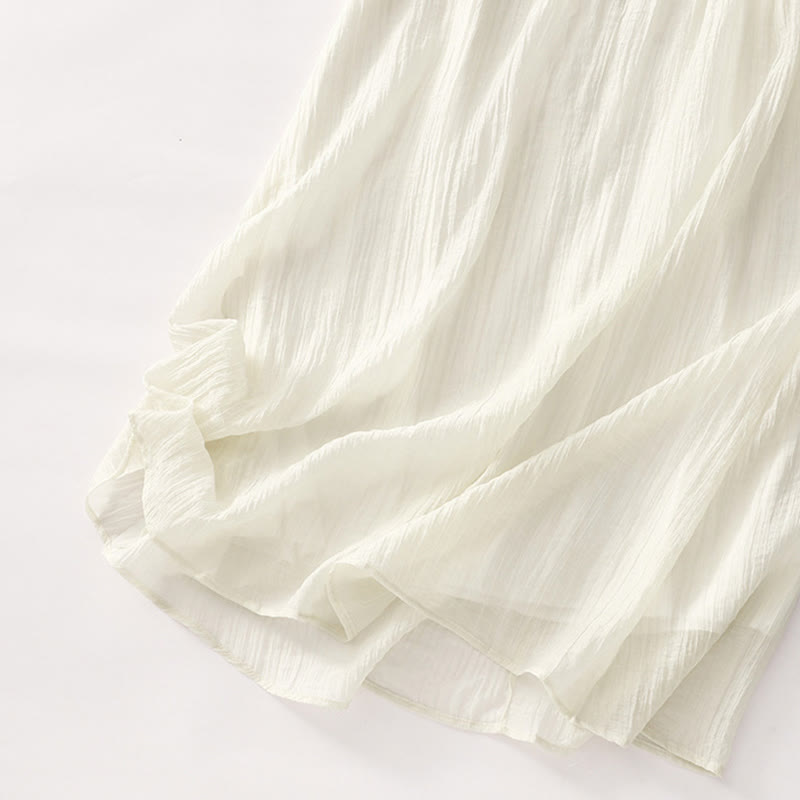 Buddha Stones Summer Casual Plain Embroidery Double Layer Short Sleeve Cotton Linen Midi Dress