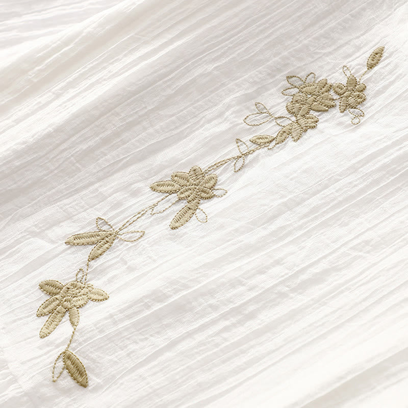 Buddha Stones Summer Casual Plain Embroidery Double Layer Short Sleeve Cotton Linen Midi Dress
