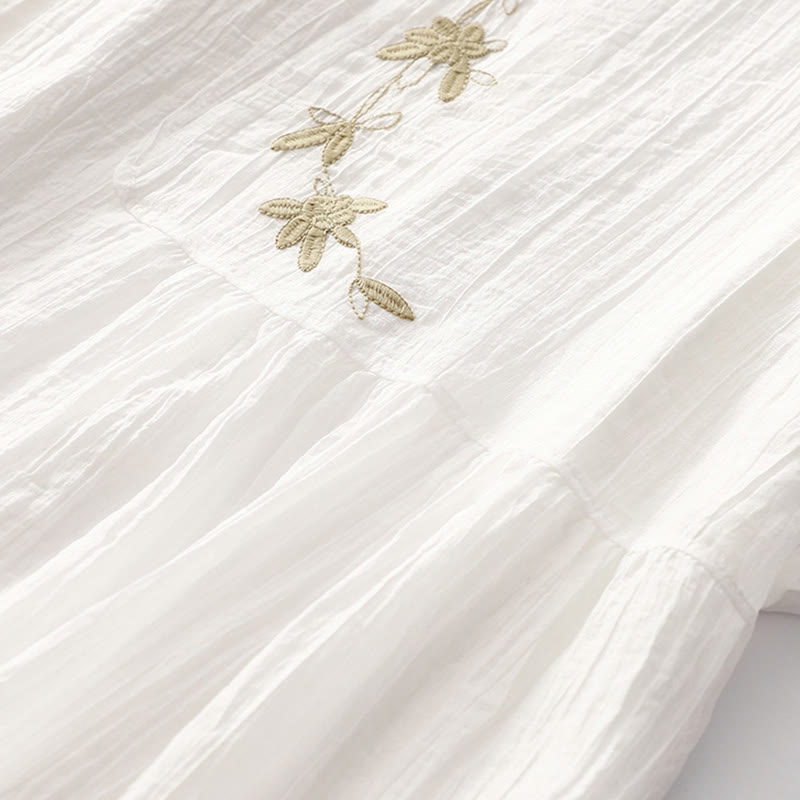 Buddha Stones Summer Casual Plain Embroidery Double Layer Short Sleeve Cotton Linen Midi Dress