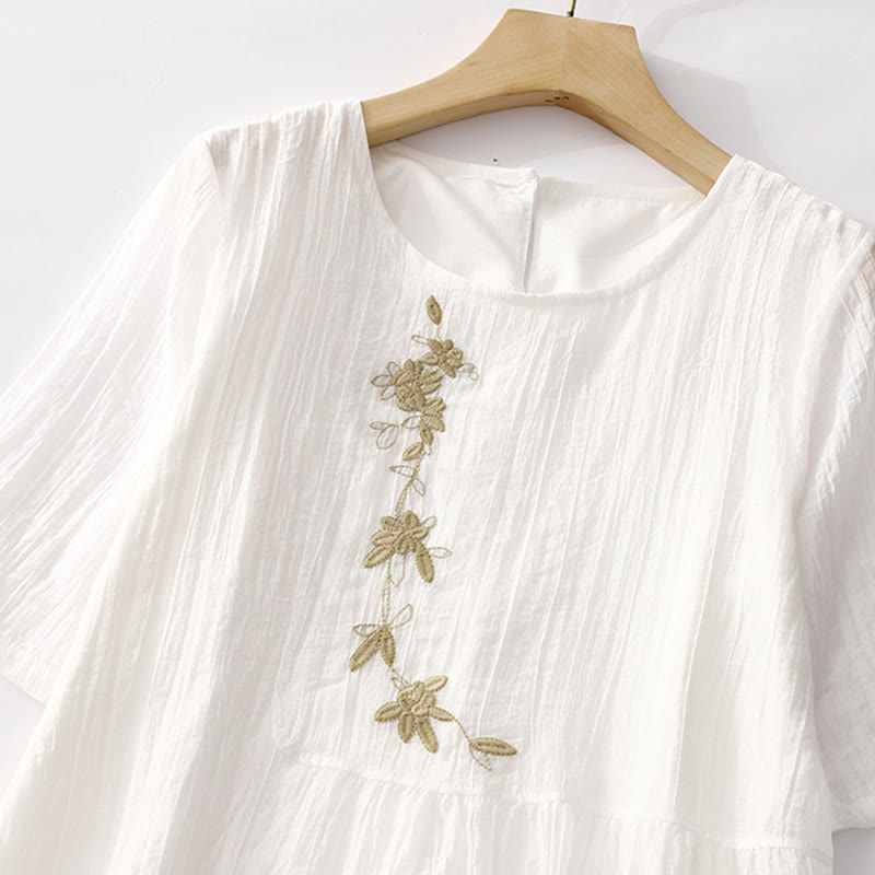 Buddha Stones Summer Casual Plain Embroidery Double Layer Short Sleeve Cotton Linen Midi Dress