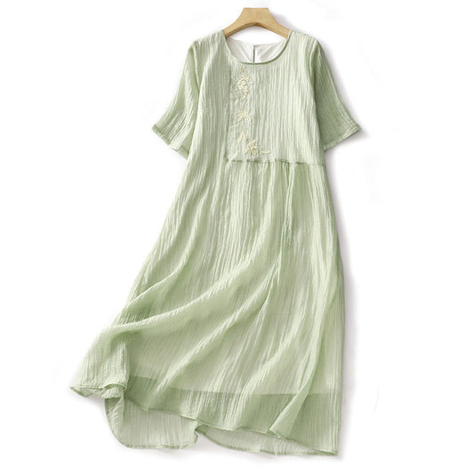 Buddha Stones Summer Casual Plain Embroidery Double Layer Short Sleeve Cotton Linen Midi Dress