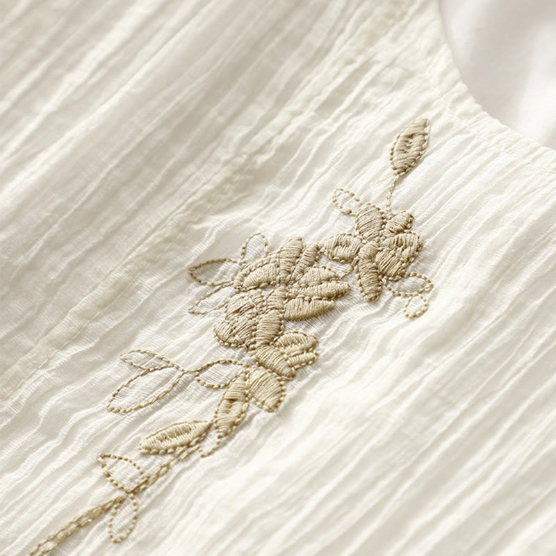 Buddha Stones Summer Casual Plain Embroidery Double Layer Short Sleeve Cotton Linen Midi Dress