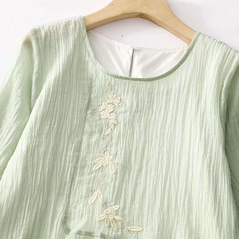 Buddha Stones Summer Casual Plain Embroidery Double Layer Short Sleeve Cotton Linen Midi Dress