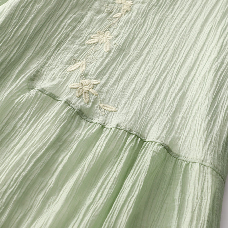 Buddha Stones Summer Casual Plain Embroidery Double Layer Short Sleeve Cotton Linen Midi Dress