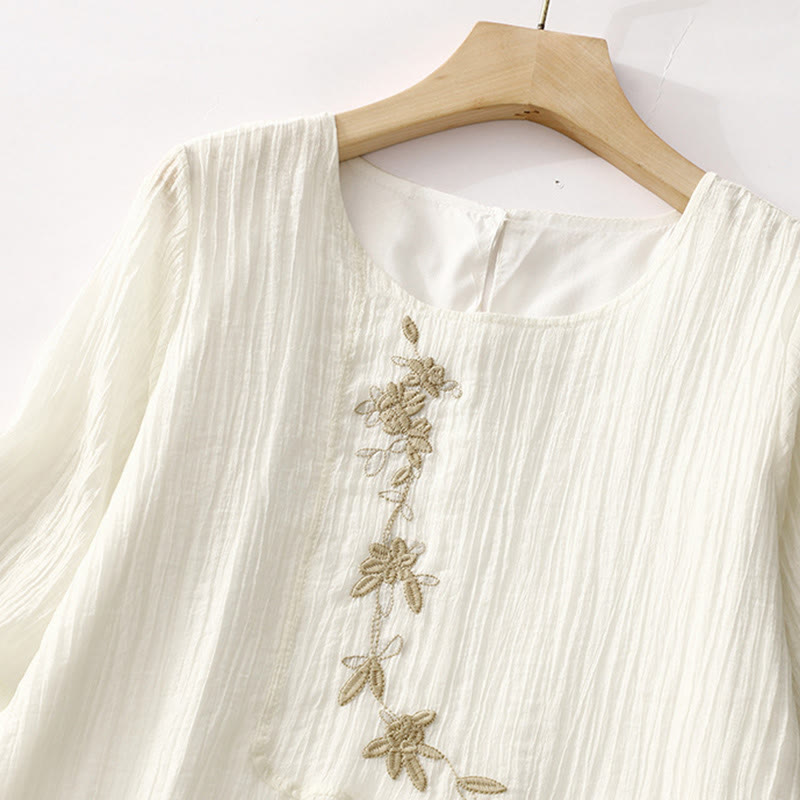 Buddha Stones Summer Casual Plain Embroidery Double Layer Short Sleeve Cotton Linen Midi Dress