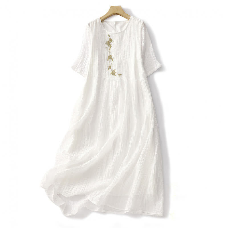 Buddha Stones Summer Casual Plain Embroidery Double Layer Short Sleeve Cotton Linen Midi Dress