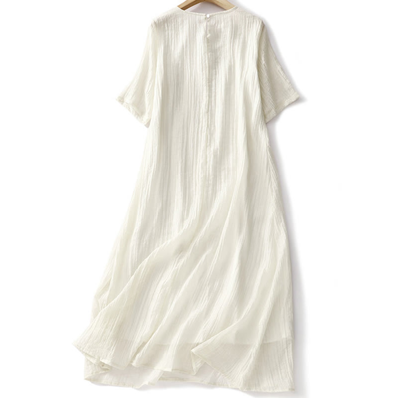 Buddha Stones Summer Casual Plain Embroidery Double Layer Short Sleeve Cotton Linen Midi Dress