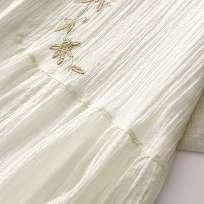 Buddha Stones Summer Casual Plain Embroidery Double Layer Short Sleeve Cotton Linen Midi Dress