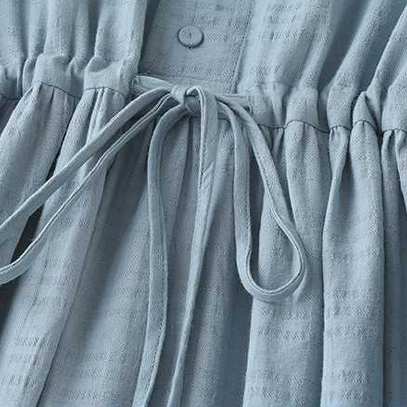 Buddha Stones Retro Solid Color Drawstring Frog-Button Design Long Sleeve Cotton Linen Midi Dress With Pockets