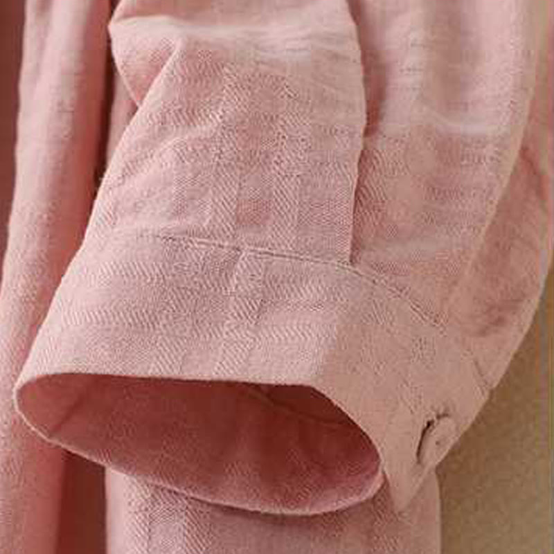 Buddha Stones Retro Solid Color Drawstring Frog-Button Design Long Sleeve Cotton Linen Midi Dress With Pockets