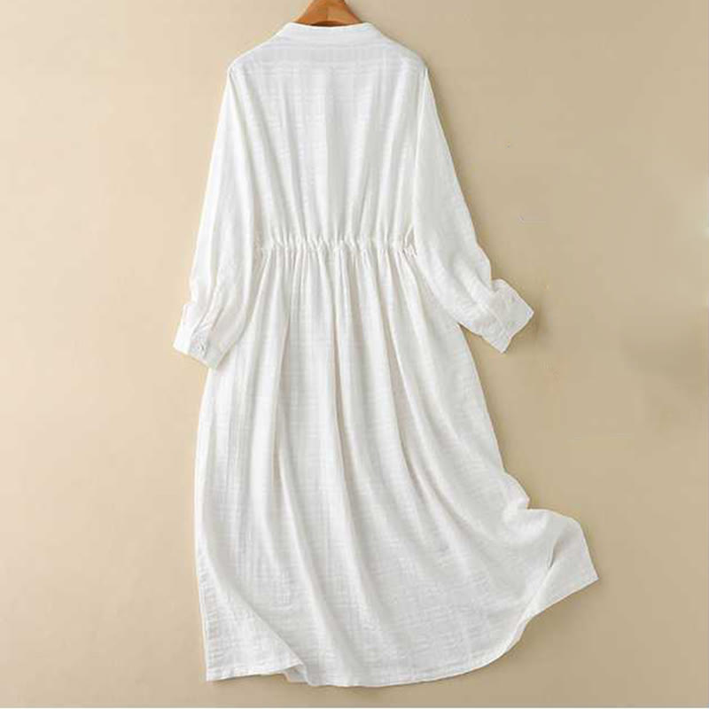 Buddha Stones Retro Solid Color Drawstring Frog-Button Design Long Sleeve Cotton Linen Midi Dress With Pockets