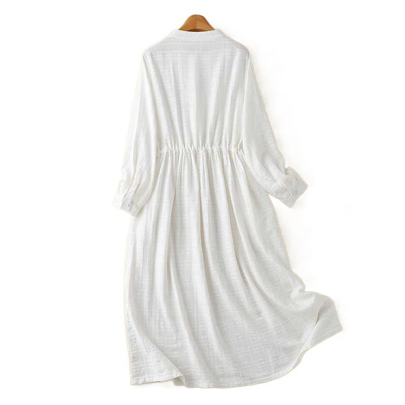 Buddha Stones Retro Solid Color Drawstring Frog-Button Design Long Sleeve Cotton Linen Midi Dress With Pockets