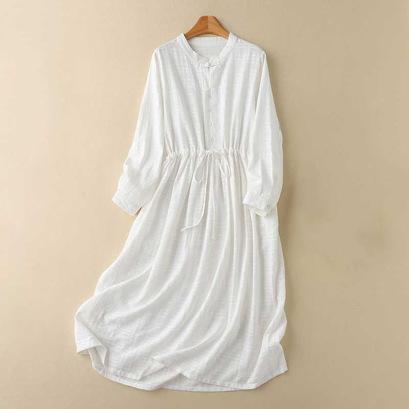 Buddha Stones Retro Solid Color Drawstring Frog-Button Design Long Sleeve Cotton Linen Midi Dress With Pockets