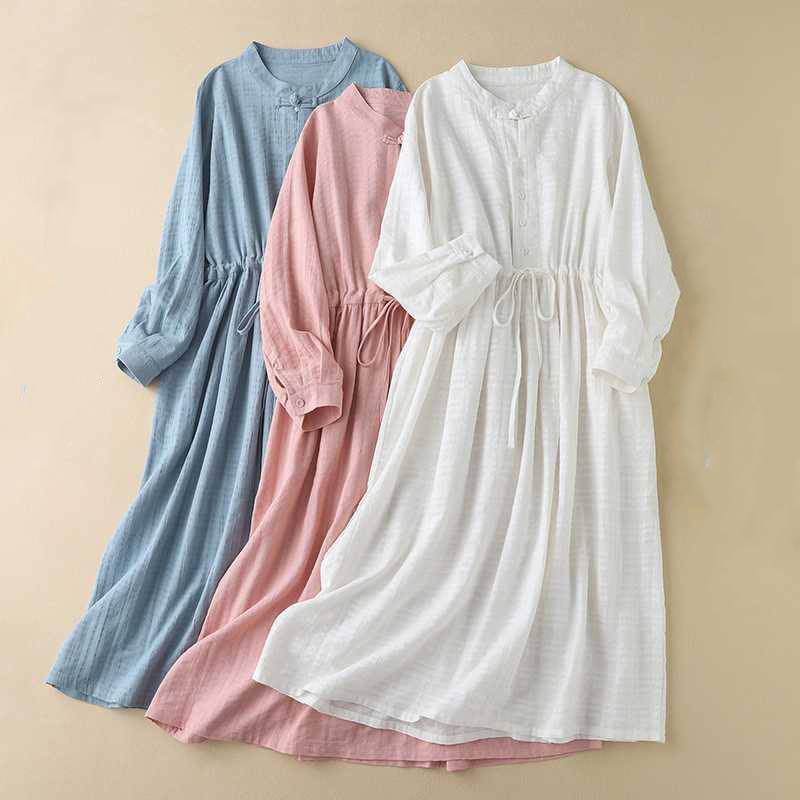 Buddha Stones Retro Solid Color Drawstring Frog-Button Design Long Sleeve Cotton Linen Midi Dress With Pockets