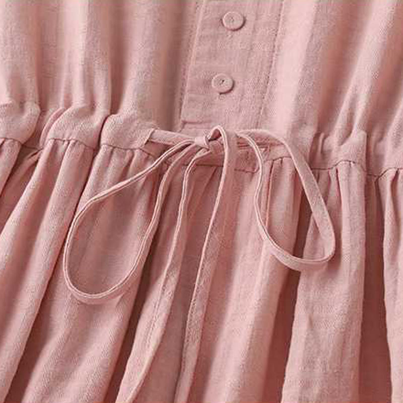 Buddha Stones Retro Solid Color Drawstring Frog-Button Design Long Sleeve Cotton Linen Midi Dress With Pockets