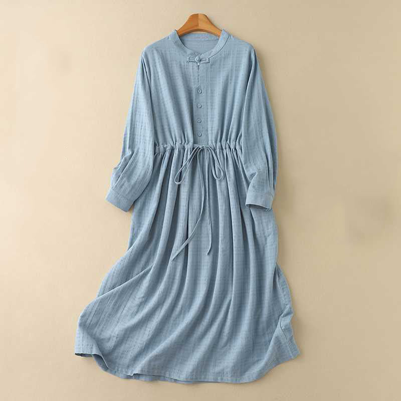 Buddha Stones Retro Solid Color Drawstring Frog-Button Design Long Sleeve Cotton Linen Midi Dress With Pockets